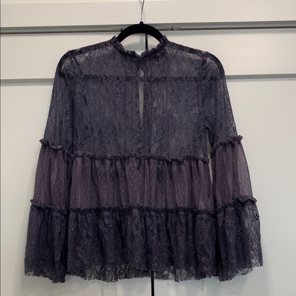 Elegant Lace Ruffle sheer Top tiered romantic blouse - Purple small
